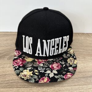 Los Angeles Floral Ball Cap Embroidered Letters Snapback Hat Black Grunge Skater